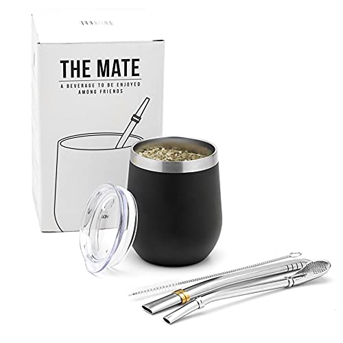 BALIBETOV Modern Mate Cup And Bombilla Set (Yerba Mate Cup) -Yerba Mate Set includes Double Walled 18/8 Stainless Steel Mate Tea Cup, Two Bombilla Mate (Straw) and a Cleaning Brush (Black, 8) BALIBETOV Modern Mate Cup And Bombilla Set (Yerba Mate Cup) -Yerba Mate Set includes Double Walled 18/8 Stainless Steel Mate Tea Cup, Two Bombilla Mate (Straw) and a Cleaning Brush (Black, 8)
