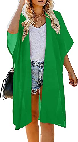 Image of Indian Trendy Women's Solid Puff Sleeve Kimono Long Cardigan Loose Cover Up Casual Blouse Top Chiffon