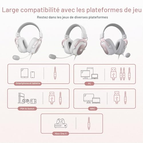 Casque audio de jeu Redragon H510 Zeus White à réduction de bruit