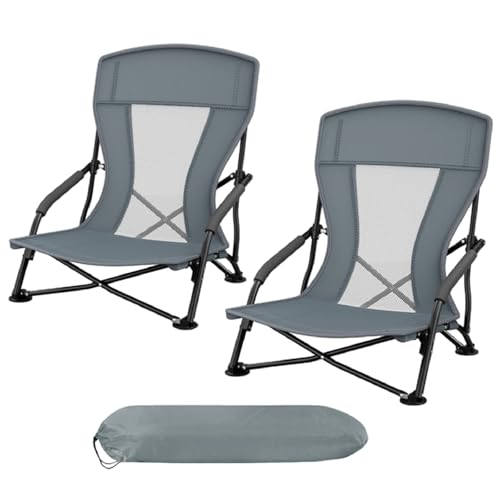 Set of 2 Folding Beach Desk Chair Outdoor Sun Lounger Reclining Garden Camping Comfortable Spring Deck Chairs Patio Folding Fishing Picnic BBQ Party Outdoor Lightweight Beach Seat Chair (Grey)