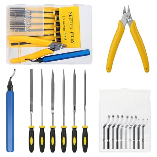 flintronic 18 Stück Entgrater Werkzeug, Metallgriff Handentgrater mit 10 Ersatzklingen, 6-Feilen-Set & 1 Seitenschneider, 360° Rotierender Klinge Schneidwerkzeug für 3D Drucker, Kunststoff, Aluminium