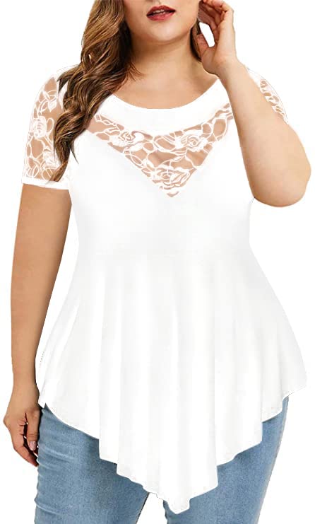 Chvity Women's Plus Size Asymmetric Lace Tunic Blouse - Short Sleeve, Crew Neck, Summer Casual Top, White, Large - View #7