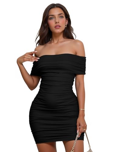 Image of Womens Off Shoulder Sleeveless Bodycon Dresses Ruched Solid Sexy Graduation Cocktail Party Mini Dresses
