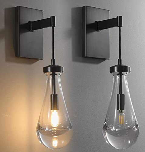 Black Wall Sconces set of 2,Modern Raindrop Bedroom Bedside Wall Light, Brass Indoor Vanity Light Fixtures for Bathroom ,Raindrop Wall Lamp with Hand Blown Solid Glass Perfect for Bedroom, Living Room