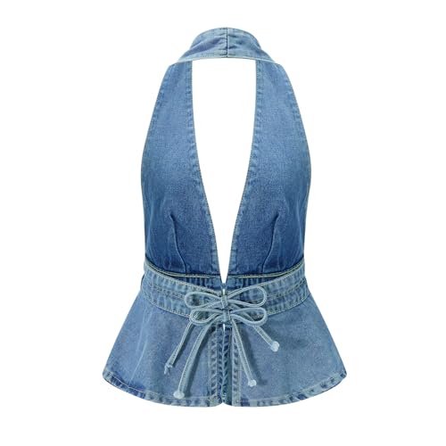 Women Y2K Denim Vest Vintage Sexy Sleeveless Backless Tie Back Tank Top Halterneck Jean Vest Top Streetwear4
