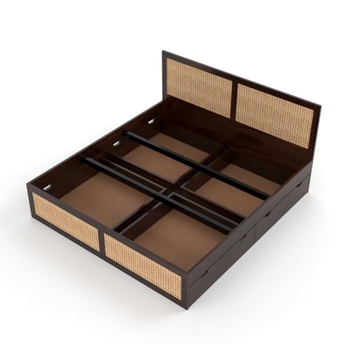 Image of Sheesham Wood Cane Bed with Drawer Storage for Bedroom | King Size Wooden Double Bed Palang with Rattan Headboard & Footboard (Walnut Finish)