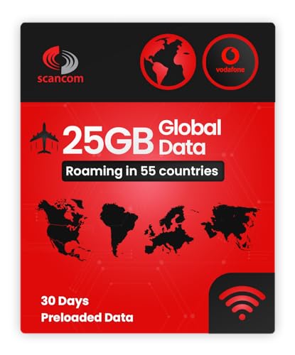 Vodafone 25GB Global Data SIM 30 Days Roaming in 55+ Countries (USA Europe Asia & More) Easy Activation Works in Any Unlocked Device - Perfect for Travel