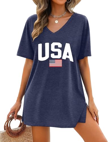 SUWATOIN USA Shirts for Women 4th of July American Flag Dresses Patriotic USA Flag Tees V Neck Beach Swimsuit Coverup