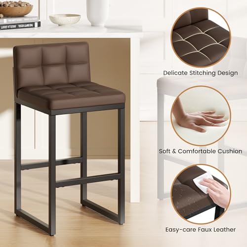 Image of Brown 24 inch Bar Stools Set of 2, Modern Faux Leather Counter Height Bar Stools with Low Back and Footrest, Sturdy Thickened Metal Leg, Upholstered Kitchen Bar Chairs for Island