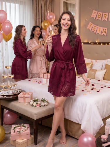 Anetyflying Women Slik Robes Lace Trim Stain Kimono Bathrobe for Bridesmaid - image 4