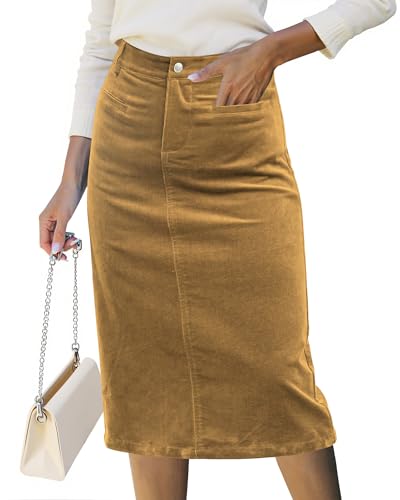 luvamia Stretchy High Waisted Corduroy Mid Length Skirts for Women Trendy Fall Elastic Waist Welt Pockets Tan Pencil Skirt for Women Dressy Casual Medium US Size 8-10