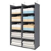 ALLTIDYUP Dual-Row Hanging Closet Organizer – Foldable Clothes Storage Shelves with 3 Hooks, Space-Saving Wardrobe Organizer for Dorm Rooms, Bedroom or Closet (Grey, 5 Tier)
