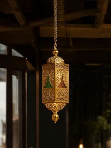 Image of Vintage Moroccan Hanging Pendant Light, Brass & Glass Lattice Design, Multicolour LED