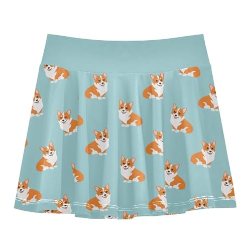 Girls Skorts with Built-in Shorts Cute Corgi Flowy Pleated Skirt for Kids with Pockets L