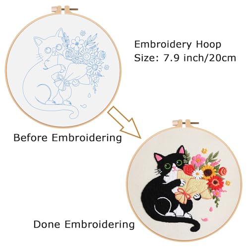 Image of Nuberlic Black Cat Flowers Embroidery Kits for Beginners, DIY Cross Stitch Starter Craft Kits for Adults Including Cloth with Pattern, Hoop, Needles Instruction and Threads