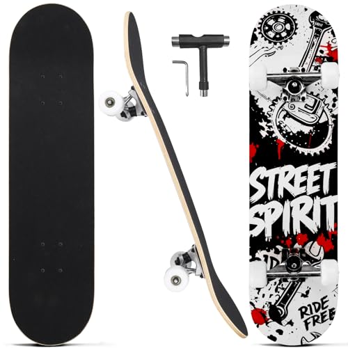 Image of Skateboards for Beginners Adults Youths Teens Kids Girls Boys 31 Inch Pro Complete Skate Boards 7 Layer Canadian Maple Double Kick Concave Longboards