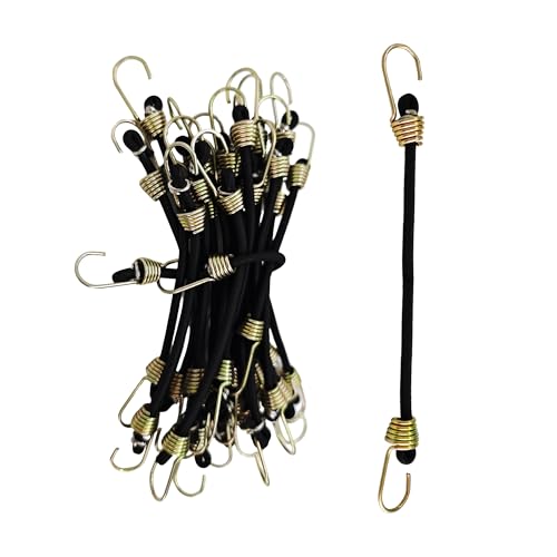 AUXBC 20PCS 6Inch Mini Black Bungee Cords with Yellow Hooks Heavy Duty Elastic Straps for Securing Tarps Tents Cargo Camping Hiking Hunting
