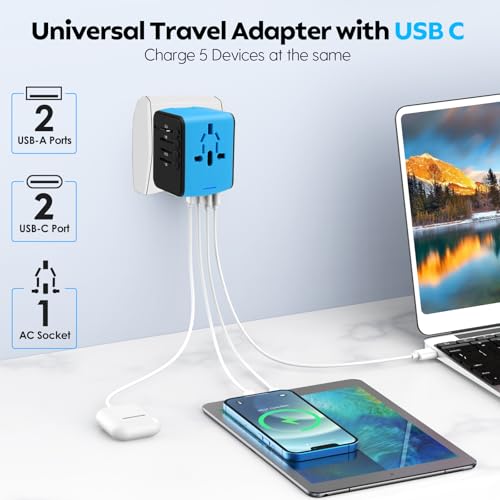 Image of JMFONE Universal Travel Adapter, 4 USB C /A Ports & 2500W AC Outlets, All-in-One International Power Plug Adapter for All USB Devices, Worldwide Travel Charger for Europe US UK AU 200+ Countries (Blue)