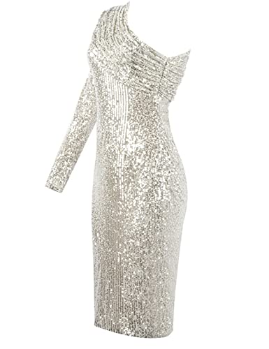 Madam Uniq Women's Sexy One Shoulder Long Sleeve Sequin Sparkle Dress Ruched Evening Gown Midi Formal Dresses3