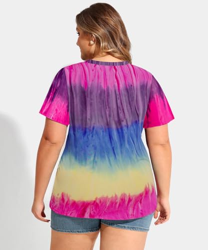 Image of CARCOS Plus Size Tops for Women Short Sleeve Shirts Basic Tee Solid Color Blouse V Neck Tunic Loose Fit Tshirts Summer XL-5XL