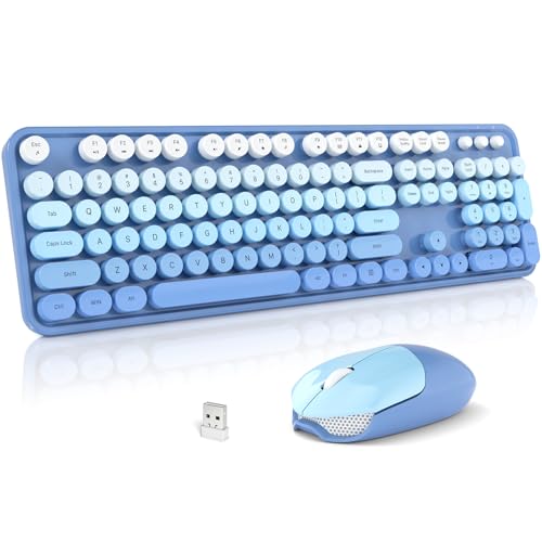 Image of Wireless Keyboard and Mouse Combo, 2.4GHz Gradient Colorful Full-Size Retro Typewriter Keyboard with Wireless Mouse for PC /Desktop /Laptop /Windows (Blue Gradient)