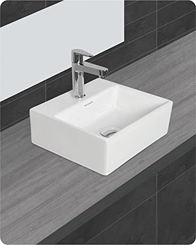 Image of Wash Basin Table Top Over Counter Vessel Sink Glossy Finish White Sink for Bathroom (13 x 12 x 5 Inch)