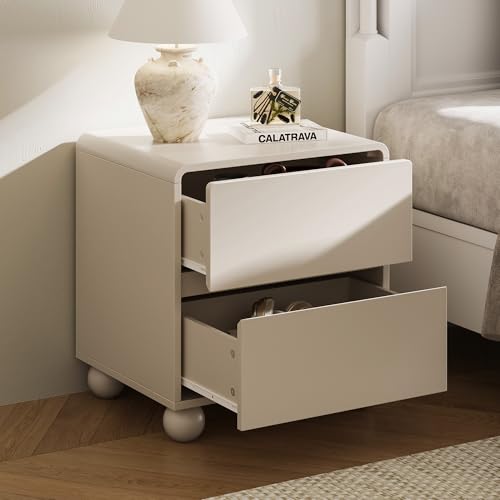 Image of MAISONARIA Curved Nightstand Set of 2, Modern Nightstand with 2 Large Storage Drawers, Wooden Endside Table for Bedroom, Beige