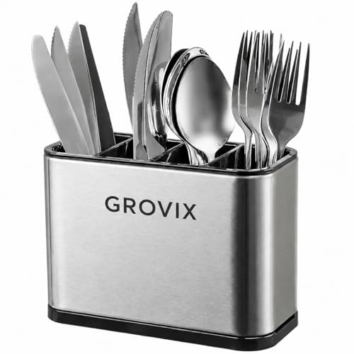 Image of Stainless Steel spoon holder for kitchen counter top | Spoon stand for kitchen steel | Cutlery Stand with Plastic Divider | Rust Resistant Fork Knife spoon organiser for kitchens