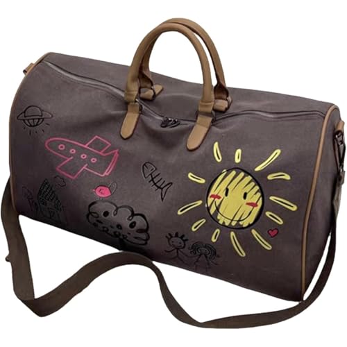 BIBAPU ボストンバッグ 旅行カバン ラゲッジバッグ 衣類収納袋 落書きのパーソナライズされたトラベルバッグ 機内持ち込み 快適なハンドル 3WAY 大容量 1泊2泊 おしゃれ レトロ アウトドア 修学旅行 メンズ レディース ユニセックス (カレー)