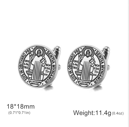 Medal św. Benedykta spinki do mankietów San Benito spinki do mankietów krzyż patron święty amulet katolicka biżuteria religijny prezent koszula spinki do mankietów akcesoria, Medium, Stal nierdzewna