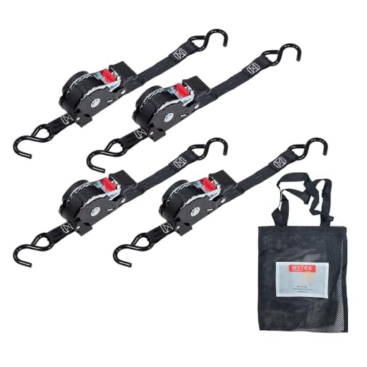 Mytee Products 4 Auto Retract NO-RATCHETING Ratchet Straps | 1" x 12' Retractable Ratchet Straps with Coated S Hook Tiedowns for Motorcycles, ATVs, Bikes: Tight & Secure Pickup Trailer Tie-Down