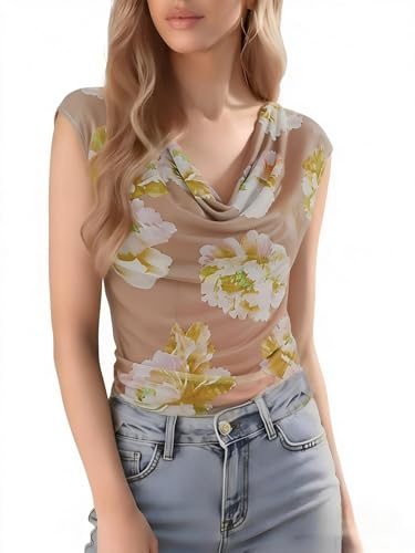 GERT COREL Women's Cowl Neck Sleeveless Top 2026 Sleeveless Ruched Floral Printed Shirts Summer Tank Tops Yellow - image 4