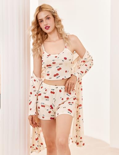 Image of Ekouaer Pajamas for Women Set 3 Piece Lounge Set Soft Pajama Sets Waffle Knit Tank Top and Shorts Cardigan with Pockets S-XXL