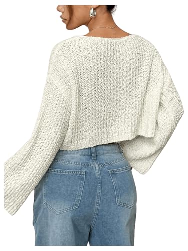 SweatyRocks Women's Casual V Neck Off Shoulder Crochet Sweater Long Sleeve Pullover Loose Tops2