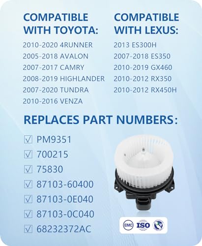 Front Blower Motor for Toyota Tundra Camry 4Runner Highlander Venza Avalon 2007 2008 2009 2010 2011 2012 2013 2014 2015  - Additional View