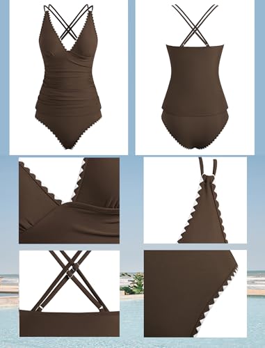 Image of ZAFUL Womens Tankini Swimsuits V Neck Push Up Swim Top Color Block Tummy Control High Waisted Bathing Suits Swim Bottom