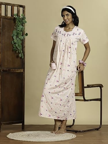 Image of 9shines Label Stylish Chikankari Cotton Nighty Maxi for Women | Full Length Nightgown | Nightdress with Pocket | Embroidery Nighty | Soft Comfortable Cotton Nightwear (1545)