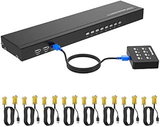 Yinker VGA KVM 8 Port, USB VGA Rackmount KVM + 8 KVM Cables + 3 USB Hubs + Wired Desktop Selector + Rack Mount Ears