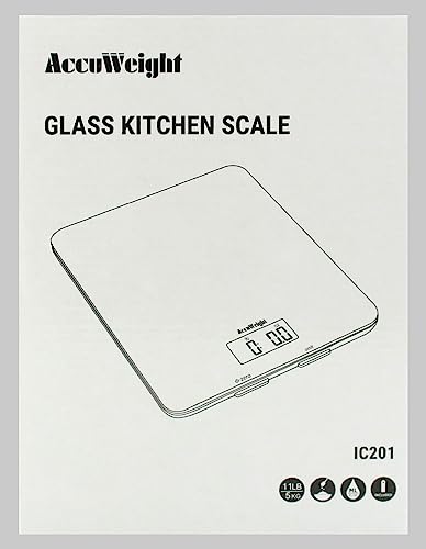 ACCUWEIGHT 201 Digital Kitchen Scales with Tempered Glass Platform (Batteries included), Electronic Weighing Food Scale with Backlit LCD, Multifunction for Office School Home Baking Cooking, 5kg/11lb - Image 9