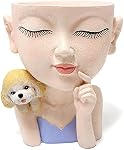 Face Flower Pot Cute Girl and Dog Planter Resin Lady face Head Planter Pot Closed Eyes Planter Pot with Drainage Hole Succulent Planter Pot for Plants Flower Cactus Garden Indoor Outdoor