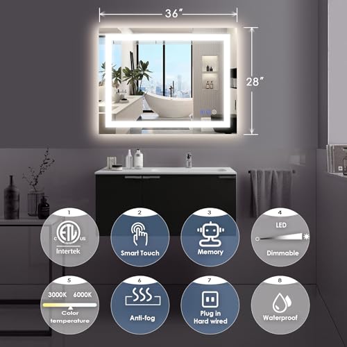 Image of 36x28 LED Bathroom Mirror, Frontlit & Backlit, Wall Vanity Mirror with Lights, 10%-100% Dimmable, 3 Colors, Anti-Fog, Smart Memory, Makeup Mirror with Touch Button