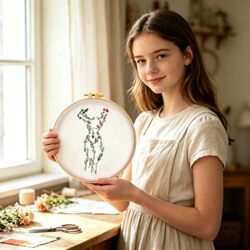 Image of Easy Flower Embroidery Kits for Adults Beginners, Embroidery Starter Kits, Woman Floral Stamped Cross Stitch Kits Needlepoint Kits for Beginners Adults, Embroidery Hoop, Thread, Fabric, Video Tutorial