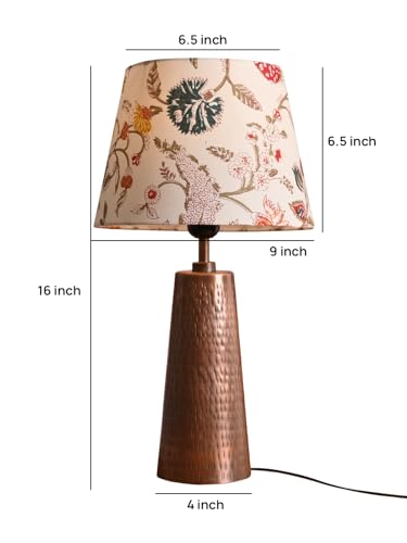 Image of Green Girgit Copper Etched V-Shaped Lamp with Multicolor Taper White Shade, Modern Table Lamp with Floral Shade, Hammered Copper Base (LED Bulb Included)
