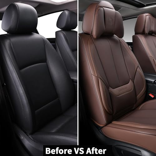 Image of Coverado Universal Seat Covers Front, Universal Seat Covers for Cars, 2-Pack Waterproof Nappa Leather Car Seat Covers with Head Pillow, Auto Protectors Fit for Most Sedans SUV Pick-up Truck-Brown