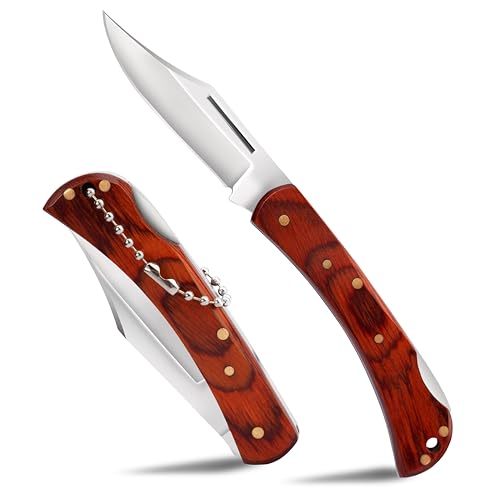 SPITZKANTE navaja plegable cuchillo de dos manos WEN ZHU, 42a conforman, 440C acero, 6,1 cm de longitud de hoja, EDC navaja de bolsillo con mango de madera.