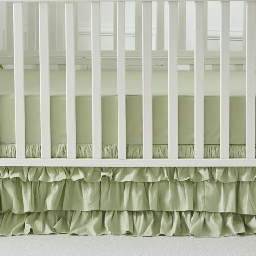 Image of Brandream Crib Skirt Triple Layer Cotton Nursery Bed Skirt for Baby Girls Boys Toddler Bedskirt Solid Color Light Green Dust Ruffle Gender Neutral Farmhouse Chic Boho Bohemian Skirt