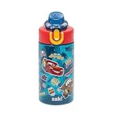 Zak Designs Disney Pixar Cars Sage Kids Water Bottle For School or Travel, 16oz Durable Plastic Water Bottle With Straw, Handle, and Leak-Proof, Pop-Up Spout Cover (Lightning McQueen & Mater)