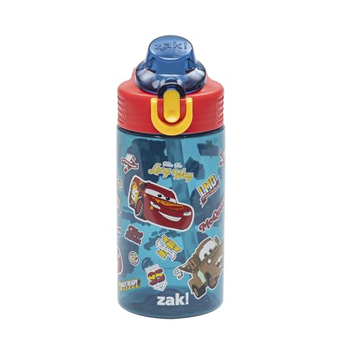 Image of Zak Designs Disney Pixar Cars Sage Kids Water Bottle For School or Travel, 16oz Durable Plastic Water Bottle With Straw, Handle, and Leak-Proof, Pop-Up Spout Cover (Lightning McQueen & Mater)