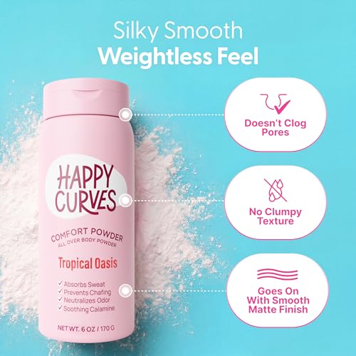 Image of HAPPY CURVES Comfort Powder: Talc Free Anti Chafe Body & Foot Dusting Powder Deodorant to Control Inner Thigh Chafing, and Private Areas 6oz (Pack of 1) - Tropical Oasis