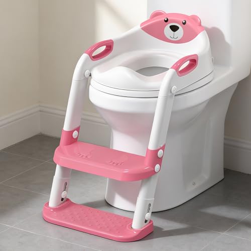 Image of Potty Training Seat, SKYROKU Potty Training Toilet with Step Stool Ladder, for Kids Boys Girls Toddlers - Comfortable Safe Potty Seat with Anti-Slip Pads Ladder (8838+Pink)